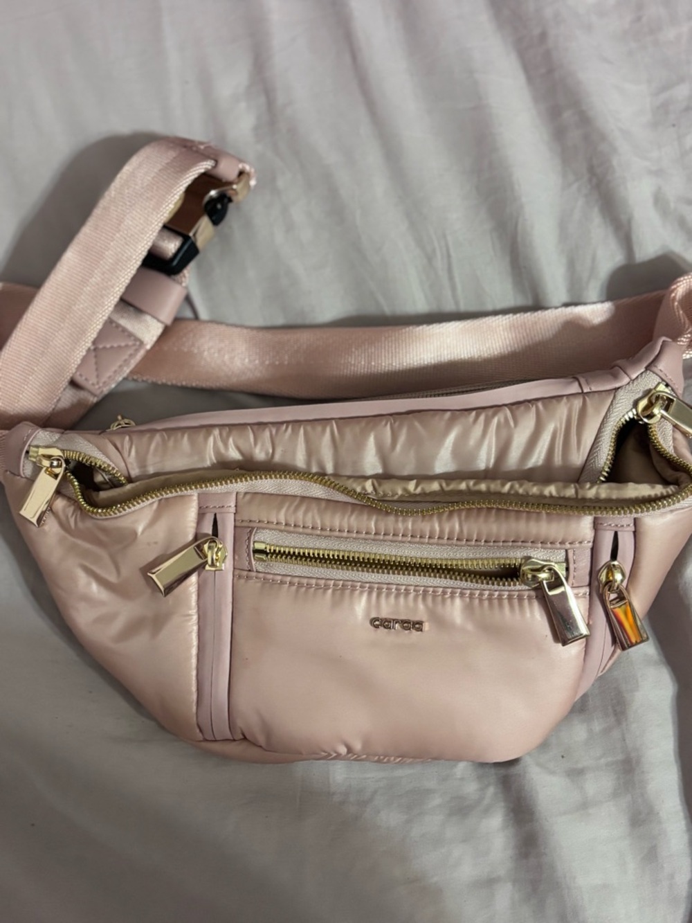 caraa Pale Pink Quilted Crossbody Belt Bag with Gold Hardware